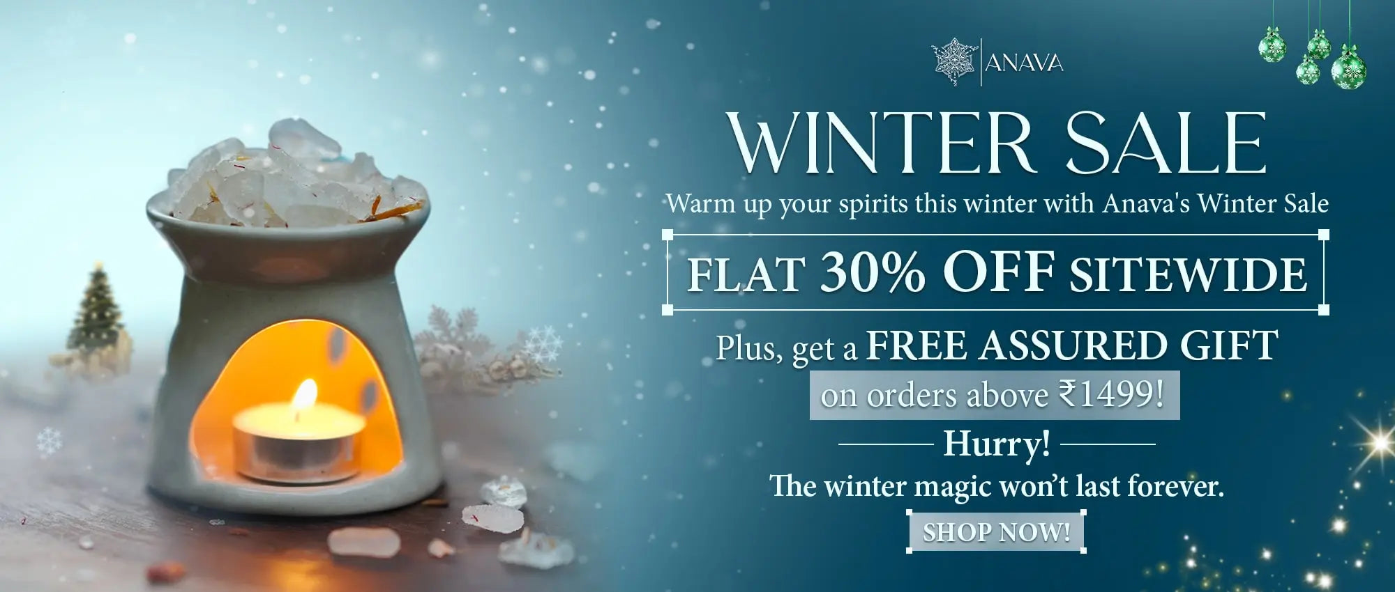 Banner promoting winter sale discounts with snowflake graphics and special offers.